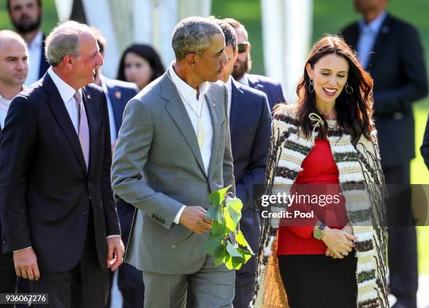 Barack Obama attends a powhiri with New Zealand Prime Minister Jacinda Ardern at Government House on March 22, 2018 in Auckland, New Zealand. It is...