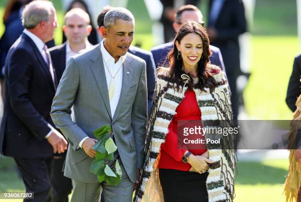 Barack Obama attends a powhiri with New Zealand Prime Minister Jacinda Ardern at Government House on March 22, 2018 in Auckland, New Zealand. It is...