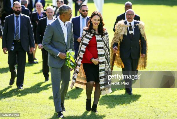 Barack Obama attends a powhiri with New Zealand Prime Minister Jacinda Ardern at Government House on March 22, 2018 in Auckland, New Zealand. It is...