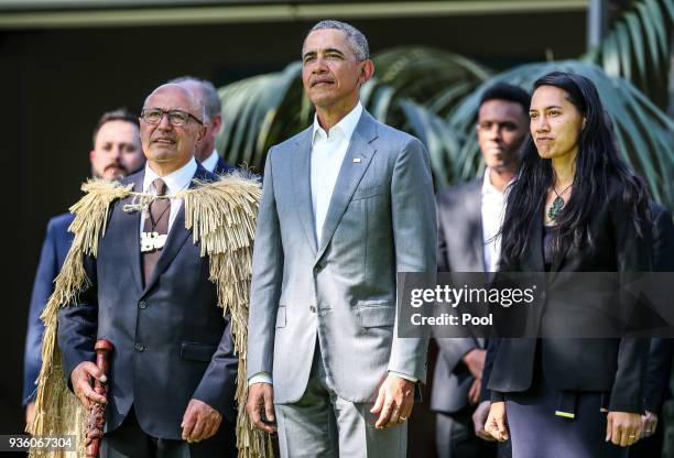 Barack Obama attends a powhiri at Government House on March 22, 2018 in Auckland, New Zealand. It is the former US president's first visit to New...