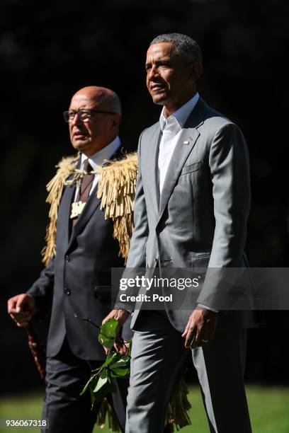 Barack Obama attends a powhiri at Government House on March 22, 2018 in Auckland, New Zealand. It is the former US president's first visit to New...