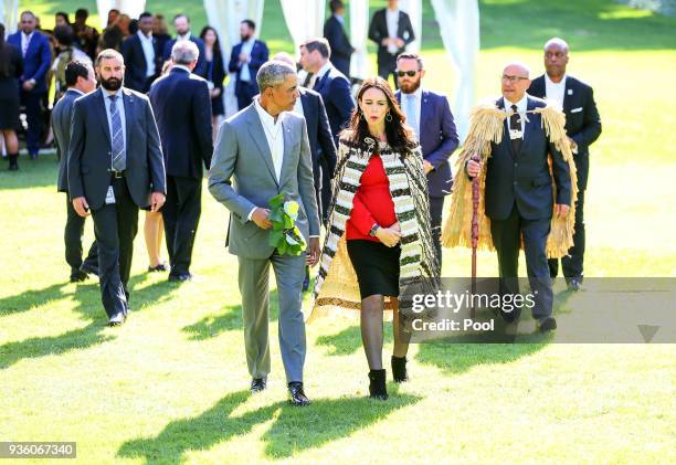 Barack Obama attends a powhiri with New Zealand Prime Minister Jacinda Ardern at Government House on March 22, 2018 in Auckland, New Zealand. It is...