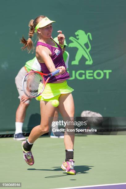 Johanna Larsson competes during the qualifying round of the 2018 Miami Open on March 20 at Tennis Center at Crandon Park in Key Biscayne, FL.