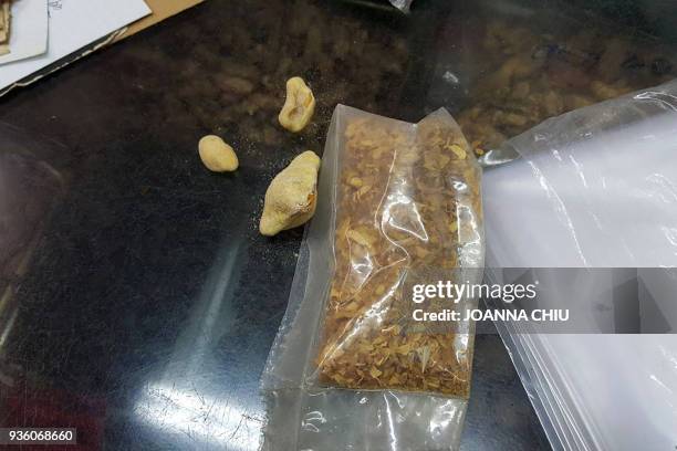 This picture taken on February 25, 2018 shows a few deep fried pangolin scales next to a bag containing shredded pangolin scales at a traditional...