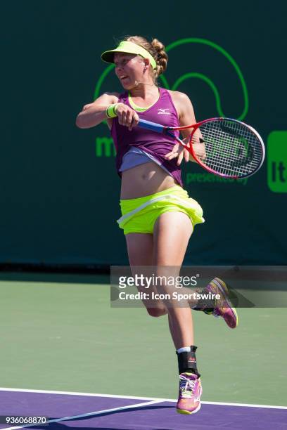 Johanna Larsson competes during the qualifying round of the 2018 Miami Open on March 20 at Tennis Center at Crandon Park in Key Biscayne, FL.