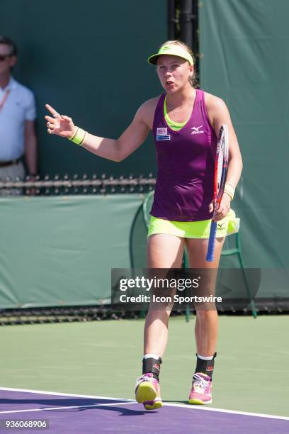 Johanna Larsson competes during the qualifying round of the 2018 Miami Open on March 20 at Tennis Center at Crandon Park in Key Biscayne, FL.