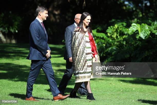 New Zealand Prime Minister Jacinda Ardern and her partner Clarke Gayford arrive for a powhiri for Barack Obama at Government House on March 22, 2018...
