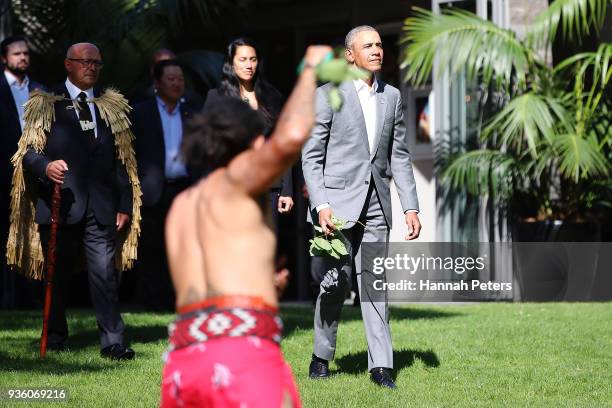 Barack Obama attends a powhiri at Government House on March 22, 2018 in Auckland, New Zealand. It is the former US president's first visit to New...