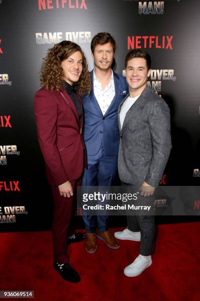 Blake Anderson, Anders Holm and Adam DeVine attend the premiere of the Netflix film "Game Over, Man!" at the Regency Village Westwood in Los Angeles...