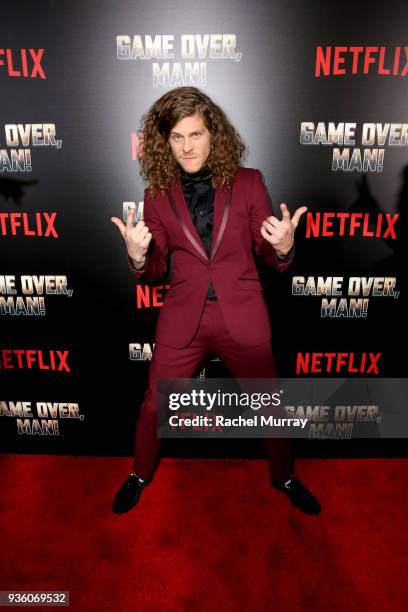 Blake Anderson attends the premiere of the Netflix film "Game Over, Man!" at the Regency Village Westwood in Los Angeles at Regency Village Theatre...