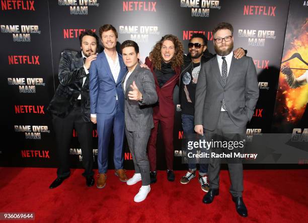 Kyle Newacheck, Anders Holm, Adam DeVine, Blake Anderson, Shaggy and Seth Rogen attend the premiere of the Netflix film "Game Over, Man!" at the...