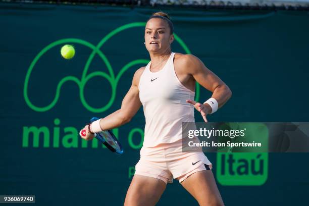 Maria Sakkari competes during the qualifying round of the 2018 Miami Open on March 20 at Tennis Center at Crandon Park in Key Biscayne, FL.