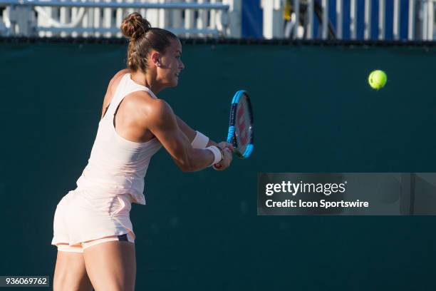 Maria Sakkari competes during the qualifying round of the 2018 Miami Open on March 20 at Tennis Center at Crandon Park in Key Biscayne, FL.