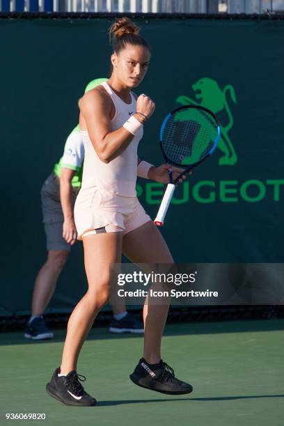 Maria Sakkari competes during the qualifying round of the 2018 Miami Open on March 20 at Tennis Center at Crandon Park in Key Biscayne, FL.