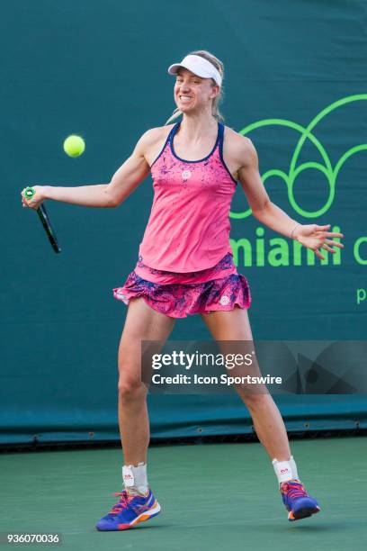 Mona Barthel competes during the qualifying round of the 2018 Miami Open on March 20 at Tennis Center at Crandon Park in Key Biscayne, FL.