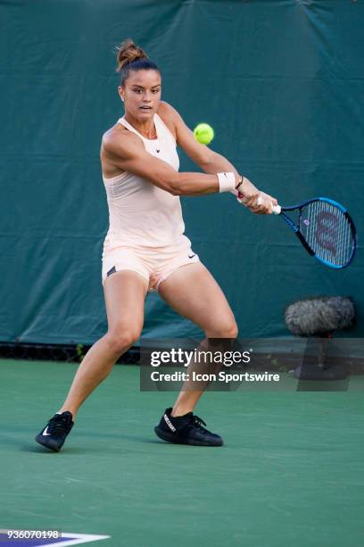 Maria Sakkari competes during the qualifying round of the 2018 Miami Open on March 20 at Tennis Center at Crandon Park in Key Biscayne, FL.