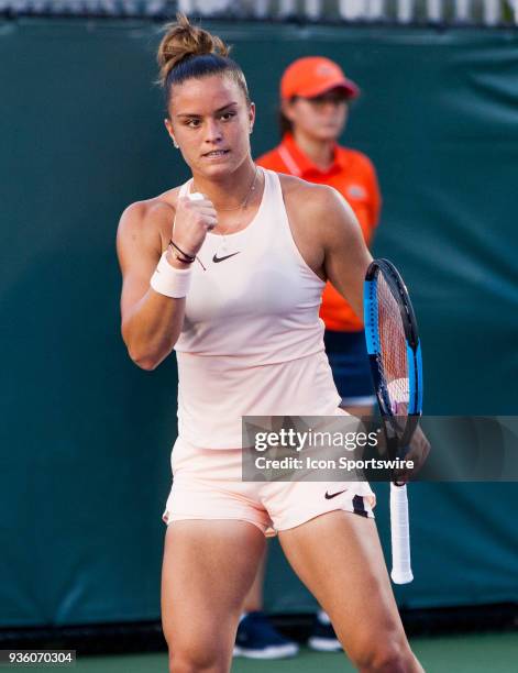 Maria Sakkari competes during the qualifying round of the 2018 Miami Open on March 20 at Tennis Center at Crandon Park in Key Biscayne, FL.