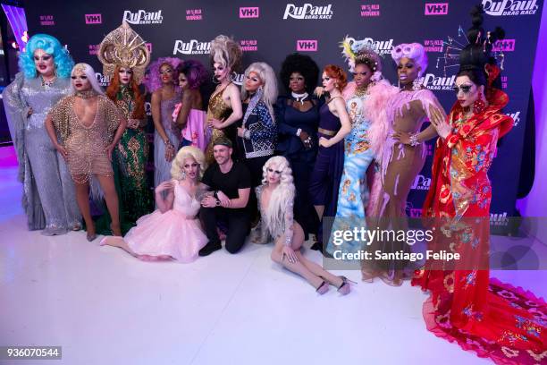 Gus Kenworthy joins the cast of "RuPaul's Drag Race" Season 10 for a photo. Season 10 cast are Eureka O' Hara, Vanessa Vanjie Mateo, Kameron...