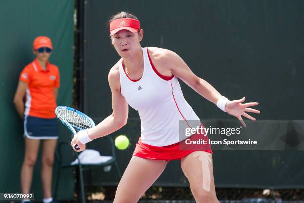 Yingying Duan competes during the qualifying round of the 2018 Miami Open on March 19 at Tennis Center at Crandon Park in Key Biscayne, FL.
