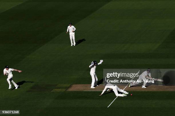 Tom Latham of New Zealand bats during day one of the First Test match between New Zealand and England at Eden Park on March 22, 2018 in Auckland, New...