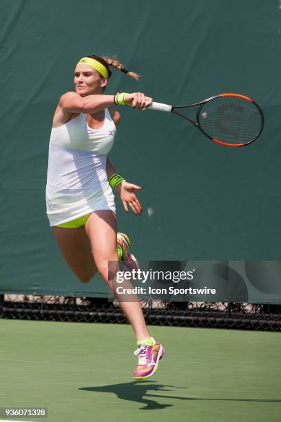 Tereza Martincova competes during the qualifying round of the 2018 Miami Open on March 19 at Tennis Center at Crandon Park in Key Biscayne, FL.