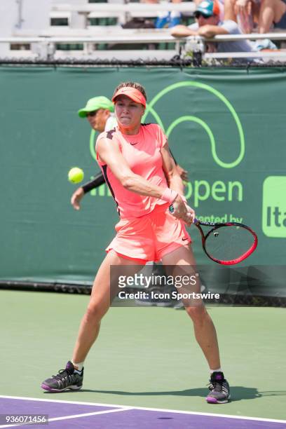 Eugenie Bouchard competes during the qualifying round of the 2018 Miami Open on March 19 at Tennis Center at Crandon Park in Key Biscayne, FL.