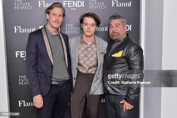 Matthew Bedard, Charlie Heaton and Luis Barajas attend FENDI x Flaunt Celebrate The New Fantasy Issue at Casa Perfect on March 21, 2018 in Beverly...