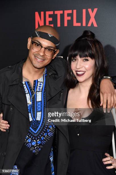 Yassir Lester and guest attend the premiere of Netflix's "Game Over, Man!" at Regency Village Theatre on March 21, 2018 in Westwood, California.