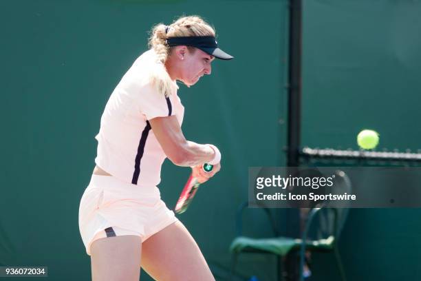 Sabine Lisicki competes during the qualifying round of the 2018 Miami Open on March 19 at Tennis Center at Crandon Park in Key Biscayne, FL.