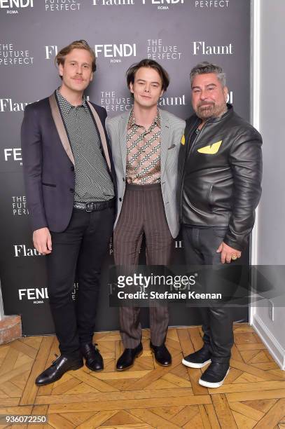 Matthew Bedard, Charlie Heaton and Luis Barajas attend FENDI x Flaunt Celebrate The New Fantasy Issue at Casa Perfect on March 21, 2018 in Beverly...