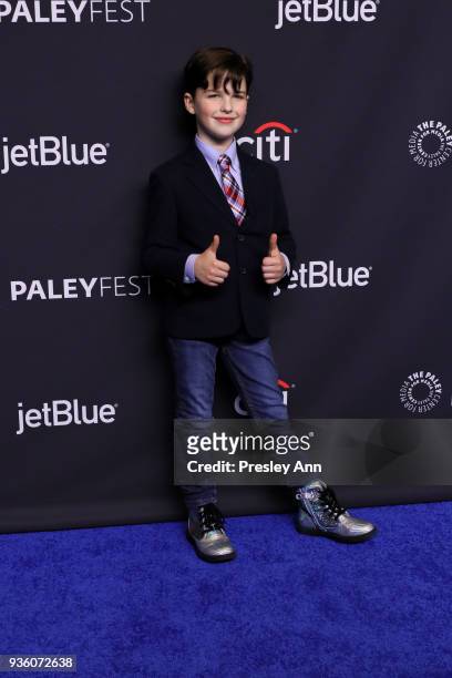 Iain Armitage attends PaleyFest Los Angeles 2018 - "The Big Bang Theory" and "Young Sheldon" at Dolby Theatre on March 21, 2018 in Hollywood,...
