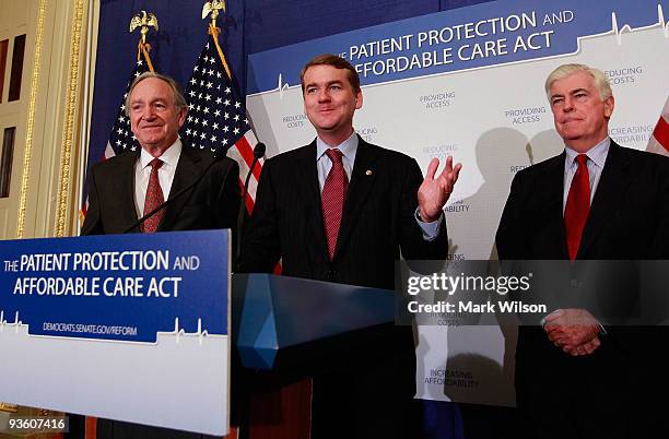 Sen. Tom Harkin , Sen. Michael Bennet , and Sen. Christopher Dodd , participate in a news conference on Capitol Hill on December 2, 2009 in...