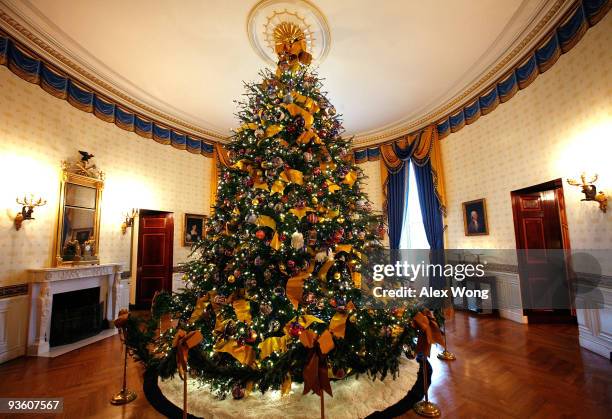 The official White House Christmas Tree, a Douglas Fir stands 18 1/2 feet high and nearly 13 feet wide, is seen in the Blue Room during the media...