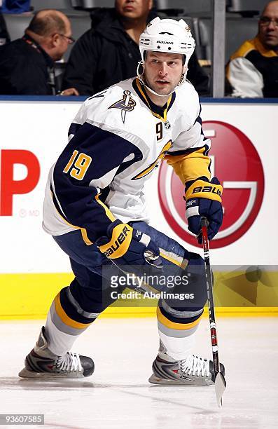 Tim Connolly of the Buffalo Sabres skates up the ice during action against the Toronto Maple Leafs November 30, 2009 at the Air Canada Centre in...