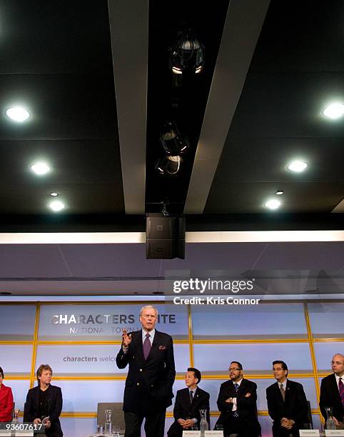 Host Tom Brokaw speaks during the Characters Unite National Town Hall at the NEWSEUM on December 2, 2009 in Washington, DC.