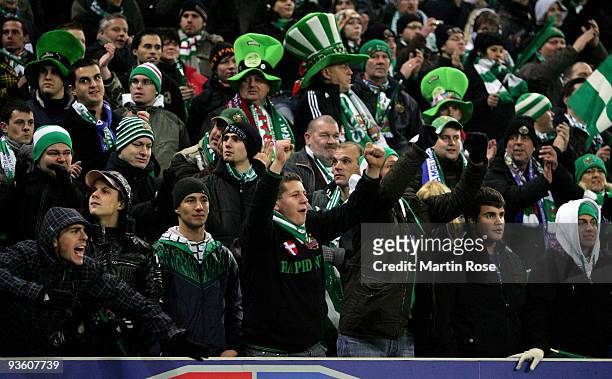 Supporters of Wien are pictured before the UEFA Europa League Group C match between Hamburger SV and SK Rapid Wien at HSH Nordbank Arena on December...
