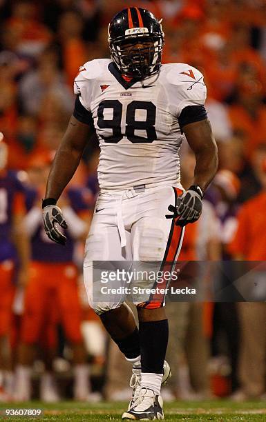 Nate Collins of the Virginia Cavaliers exults during the game against the Clemson Tigers at Memorial Stadium on November 21, 2009 in Clemson, South...