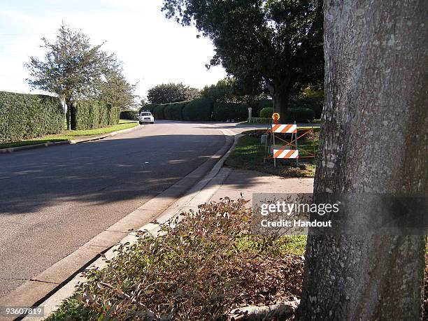 In this handout photo provided by The Florida Highway Patrol, the street where Tiger Woods crashed his SUV is seen on December 2, 2009 in Windermere,...