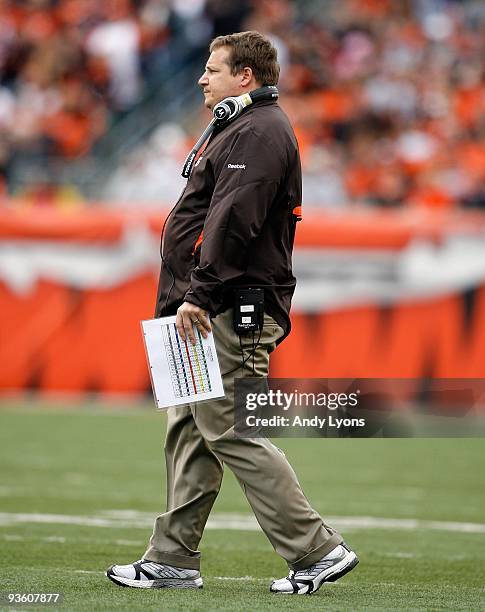 Eric Mangini the Head Coach of the Cleveland Browns walks on the field during the NFL game against the Cincinnati Bengals at Paul Brown Stadium on...