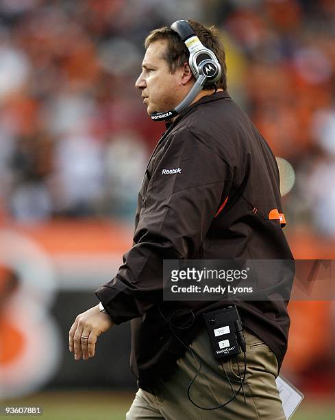 Eric Mangini the Head Coach of the Cleveland Browns walks on the field during the NFL game against the Cincinnati Bengals at Paul Brown Stadium on...