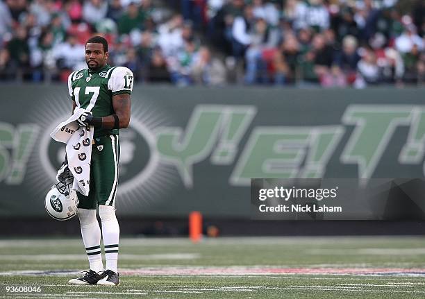 Braylon Edwards of the New York Jets against the Carolina Panthers at Giants Stadium on November 29, 2009 in East Rutherford, New Jersey.