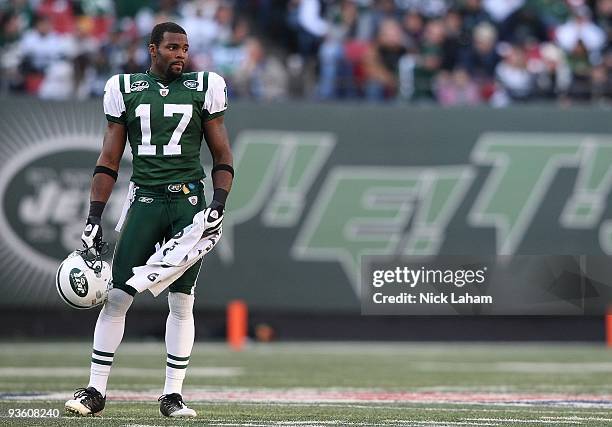 Braylon Edwards of the New York Jets against the Carolina Panthers at Giants Stadium on November 29, 2009 in East Rutherford, New Jersey.