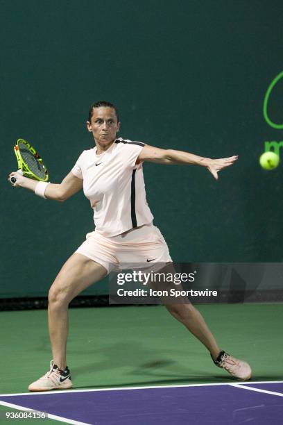 Roberta Vinci competes during the qualifying round of the 2018 Miami Open on March 19 at Tennis Center at Crandon Park in Key Biscayne, FL.