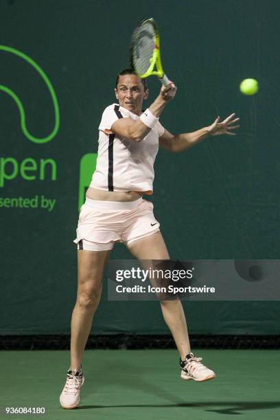 Roberta Vinci competes during the qualifying round of the 2018 Miami Open on March 19 at Tennis Center at Crandon Park in Key Biscayne, FL.