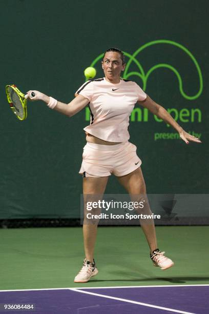 Roberta Vinci competes during the qualifying round of the 2018 Miami Open on March 19 at Tennis Center at Crandon Park in Key Biscayne, FL.