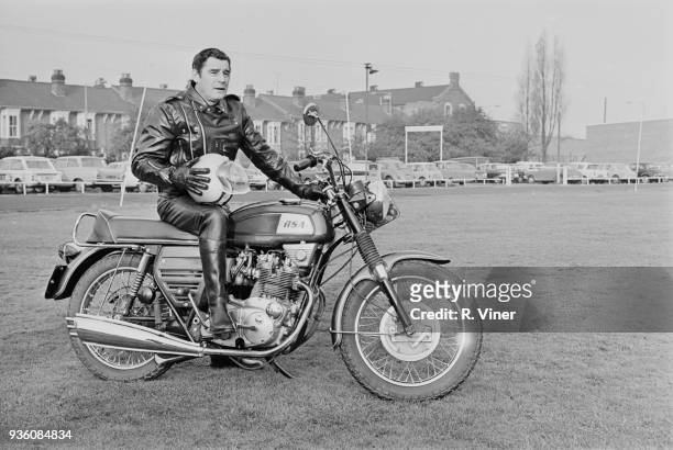 Daily Express motorcycle reporter Leslie Nichol with BSA Rocket 3/Triumph Trident made by Triumph Engineering and Birmingham Small Arms Company , UK,...