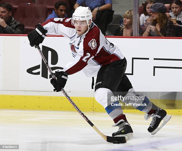 Paul Stastny of the Colorado Avalanche skates up ice with the puck during their game against the Vancouver Canucks at General Motors Place on...