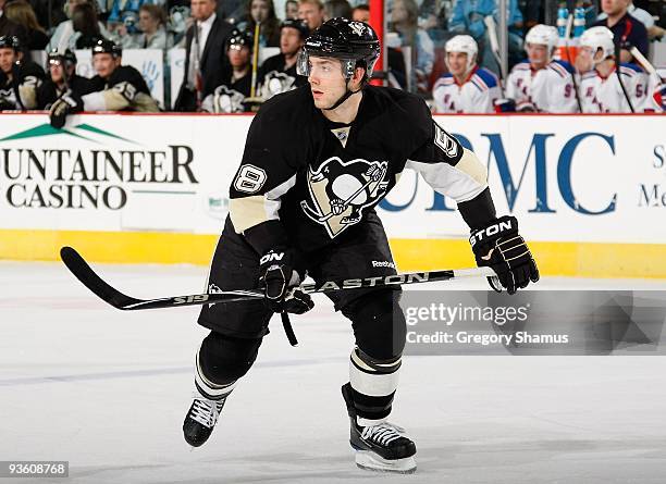 Kris Letang of the Pittsburgh Penguins skates against the New York Rangers on November 28, 2009 at the Mellon Arena in Pittsburgh, Pennsylvania.