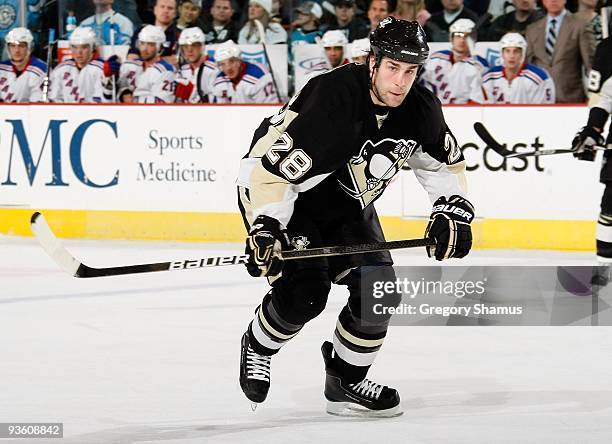 Eric Godard of the Pittsburgh Penguins skates against the New York Rangers on November 28, 2009 at the Mellon Arena in Pittsburgh, Pennsylvania.