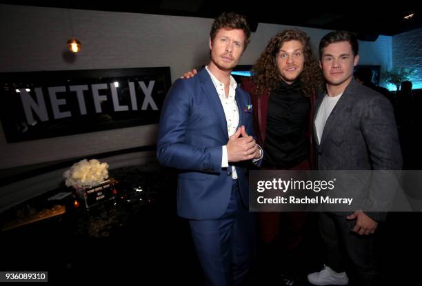 Anders Holm, Blake Anderson and Adam DeVine attend the premiere of the Netflix film "Game Over, Man!" at the Regency Village Westwood in Los Angeles...